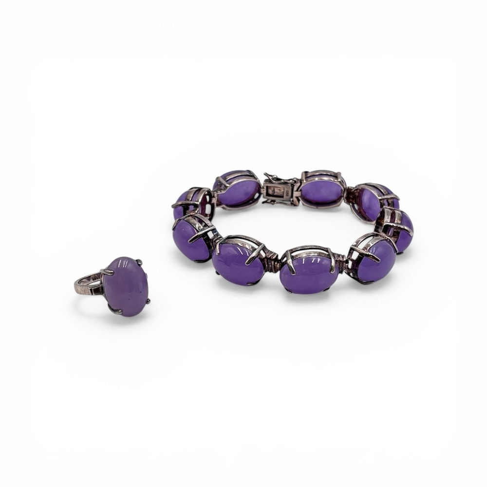 Vintage Amethyst Cabochon Bracelet And Ring Set Sterling Silver